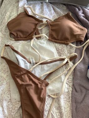 Ribbed Brown Two-Piece Bikini with Cream Straps